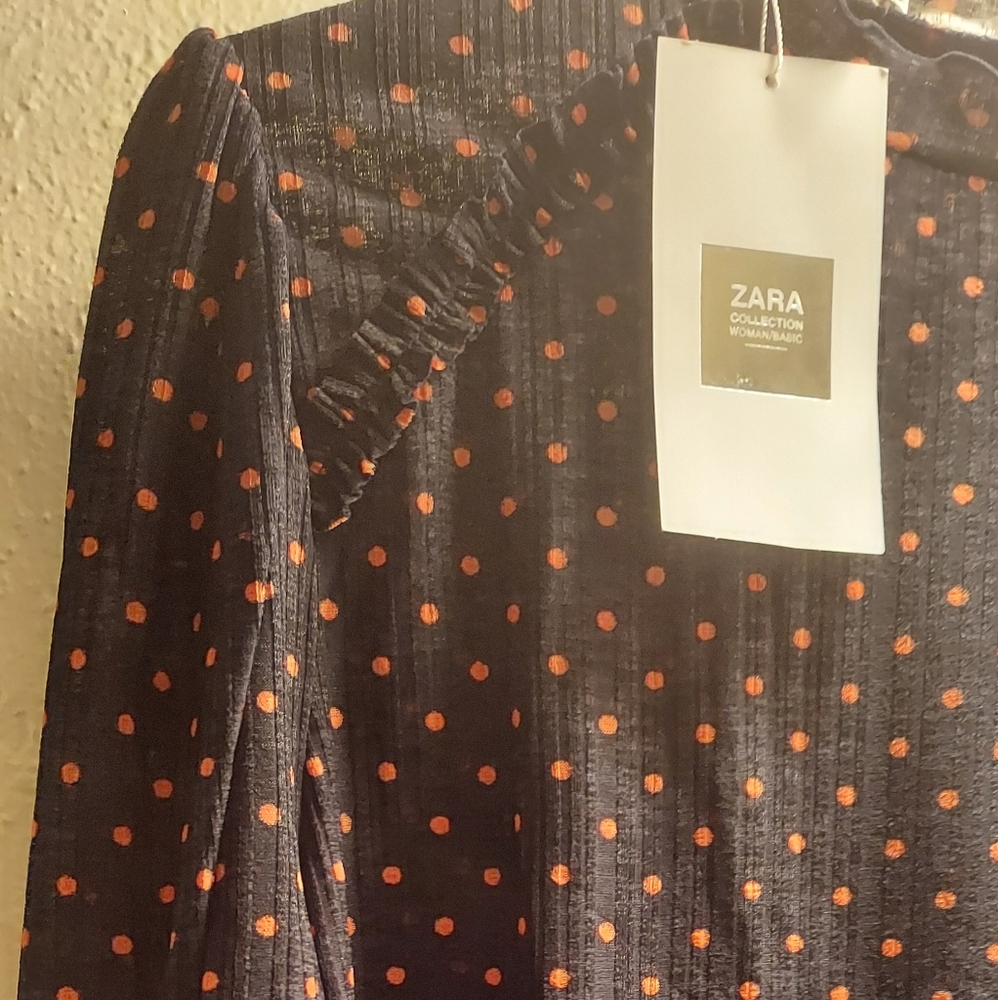 Zara Polka Dot Print Ruffle 3/4 Sleeve Top